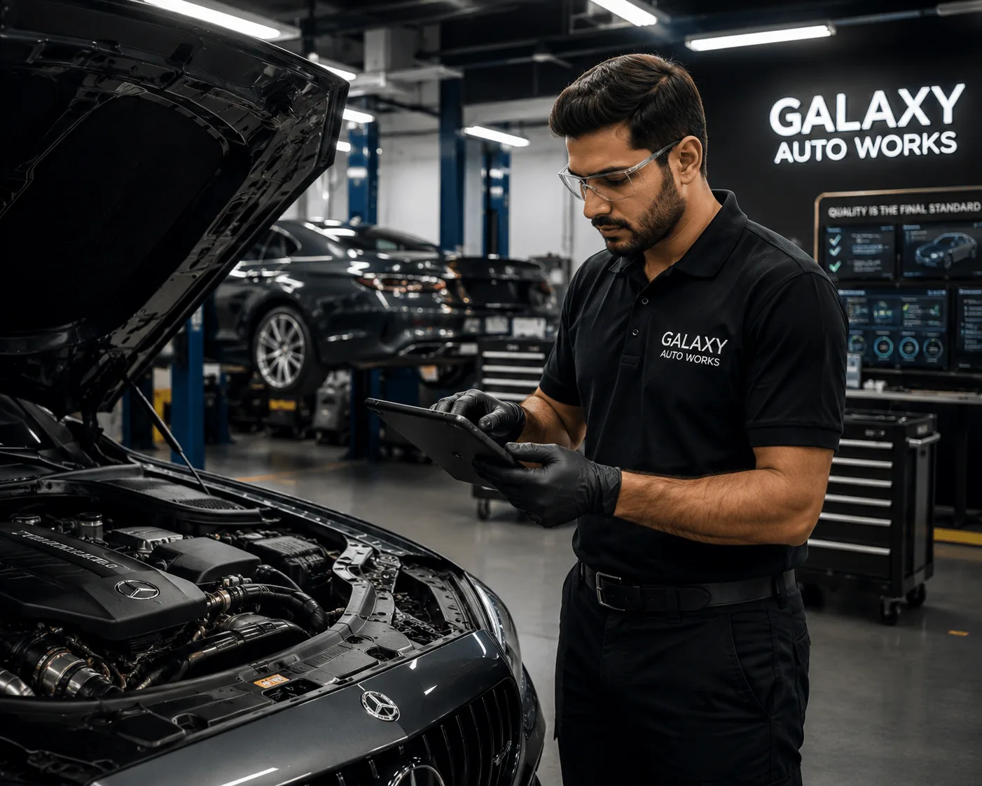 Quality Controller and Validation Engineer inspecting a luxury vehicle at Galaxy Auto Works Mumbai